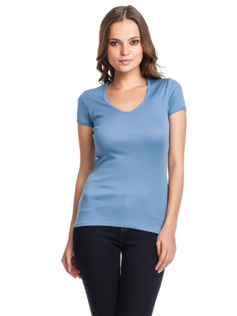 AIKO Karo Mercerized Tee Como Blue Light Blue Ribbed Cotton Scoop Neck NWT